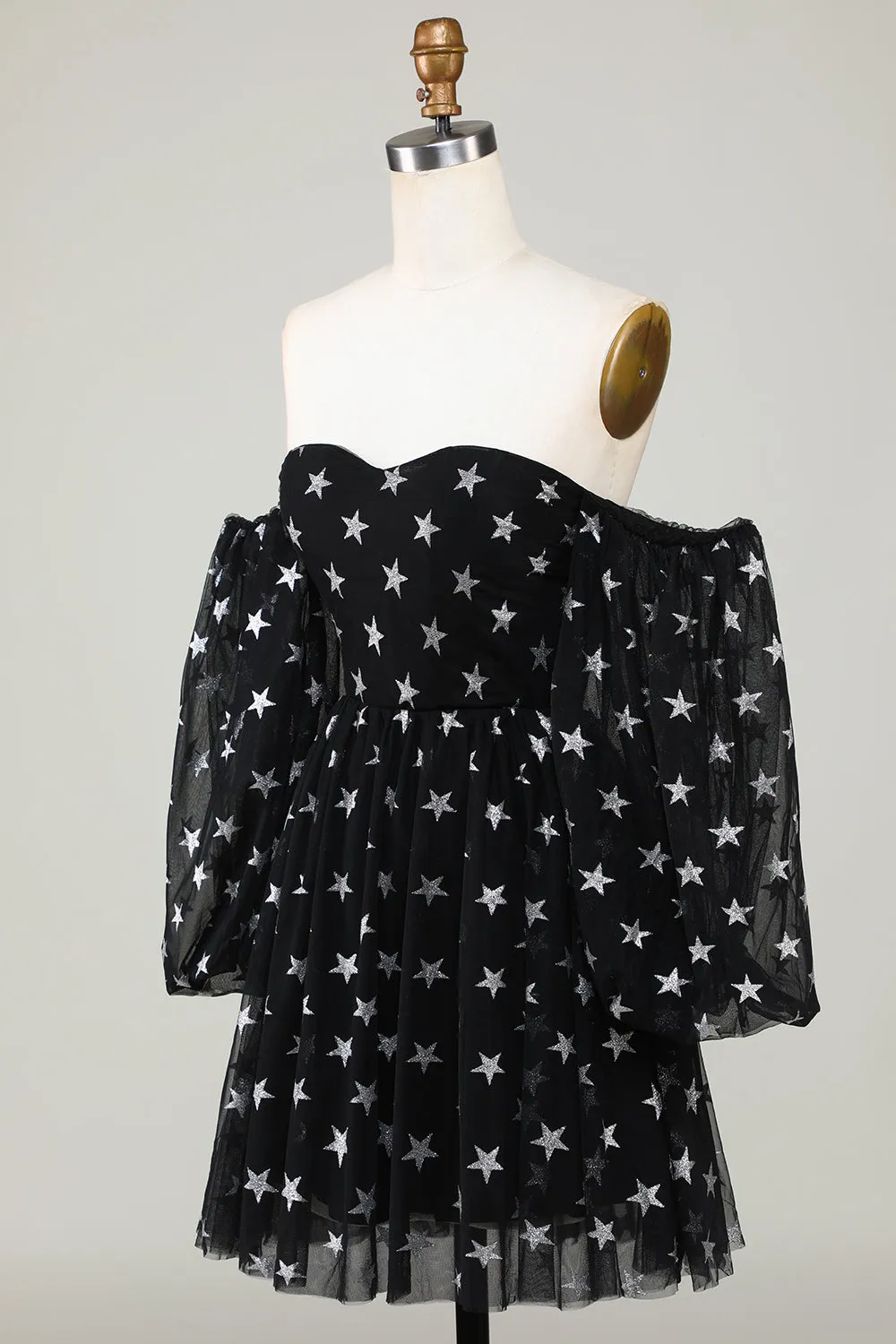 A Line Off the Shoulder Black Stars Short Homecoming Dress