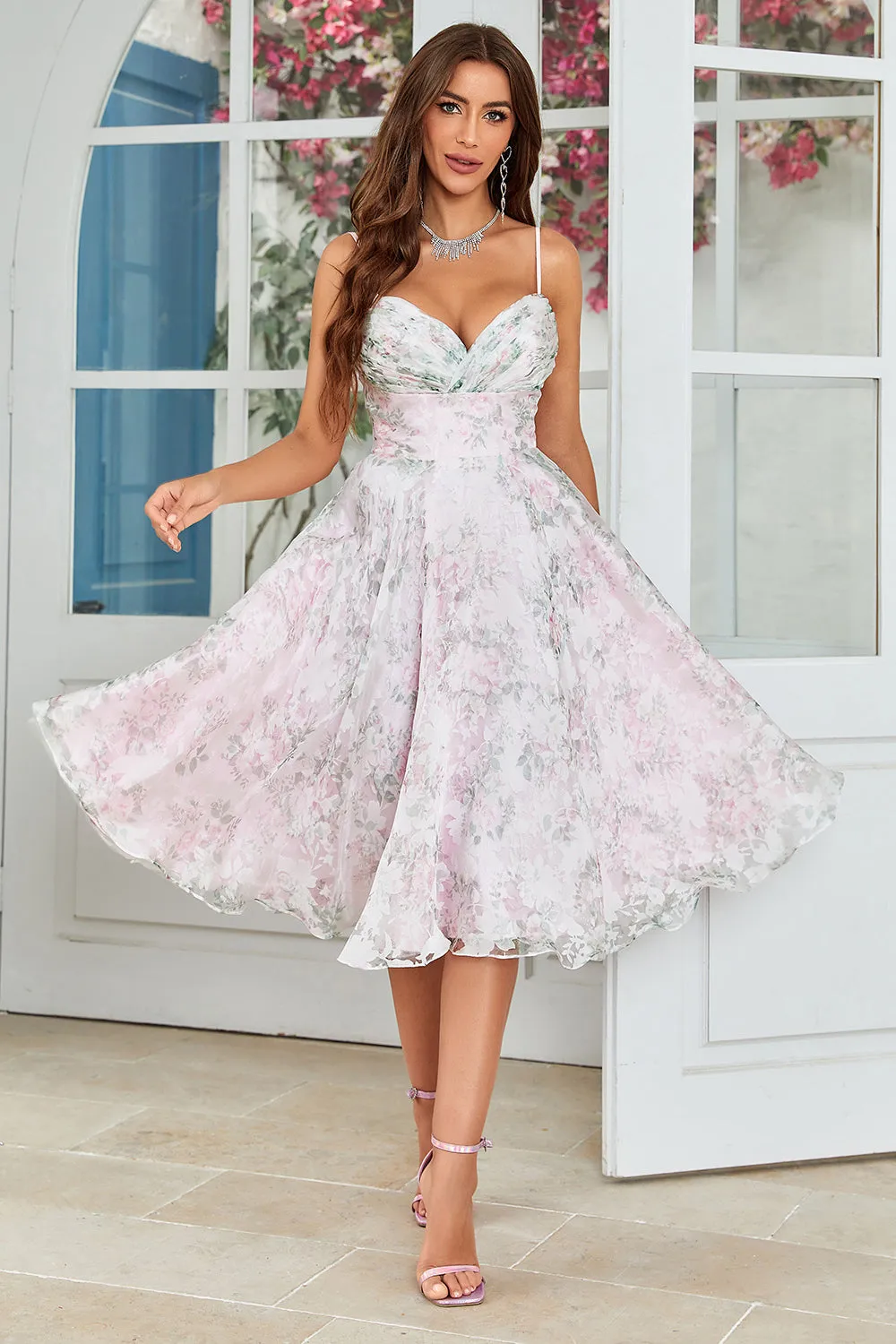 A-Line Off the Shoulder Pink Flower Printed Wedding Guest Dress with Criss Cross Back