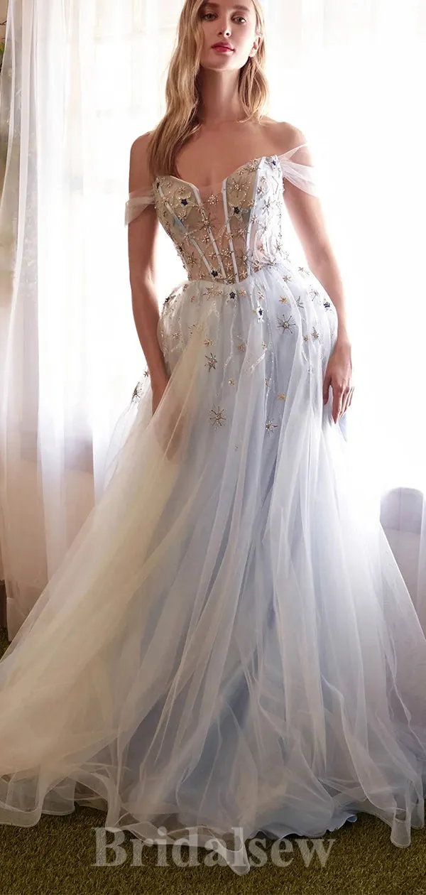 A-line Off the Shoulder Unique Elegant Fairy New Long Women Evening Prom Dresses PD840