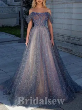 A-line Off the Shoulder Unique Sparkly Fairy Best Long Women Evening Prom Dresses PD841