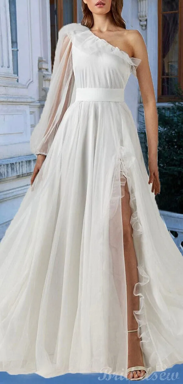 A-line Off White One Shoulder Side Slit Modest Party Long Prom Dresses PD363