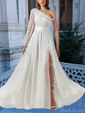 A-line Off White One Shoulder Side Slit Modest Party Long Prom Dresses PD363