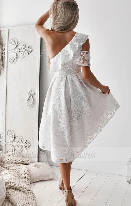 A-Line One-Shoulder High Low White Lace Prom Homecoming Dress with Ruffles,BD99565