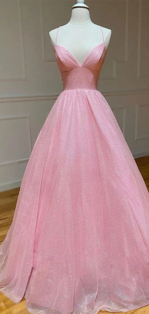 A-line Pink Long Sparkly Sequin Straps Formal Evening Party Prom Dresses PD236