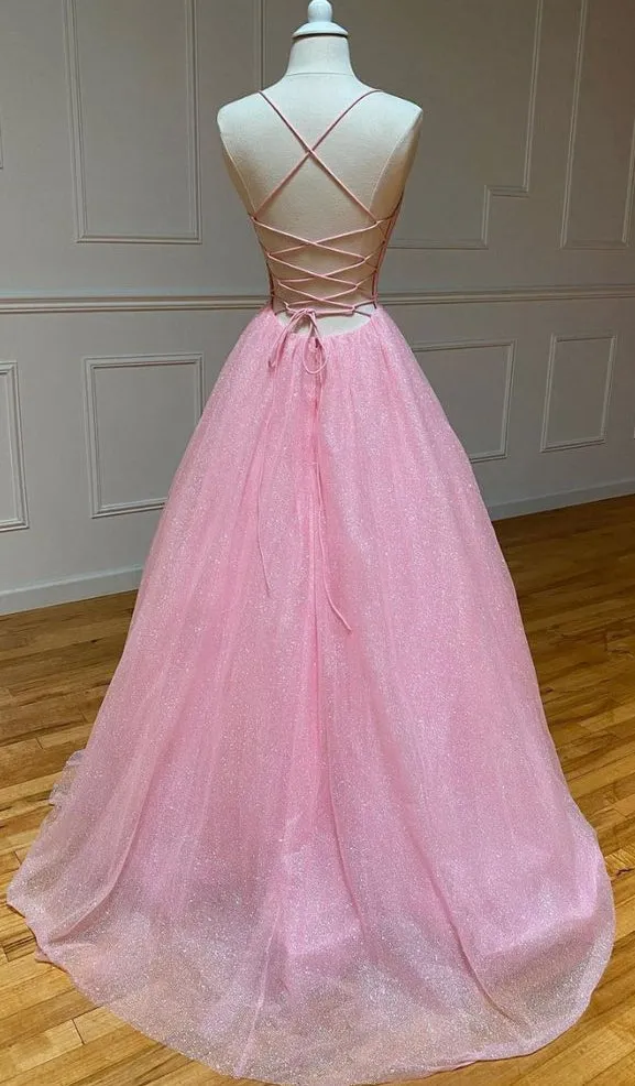 A-line Pink Long Sparkly Sequin Straps Formal Evening Party Prom Dresses PD236