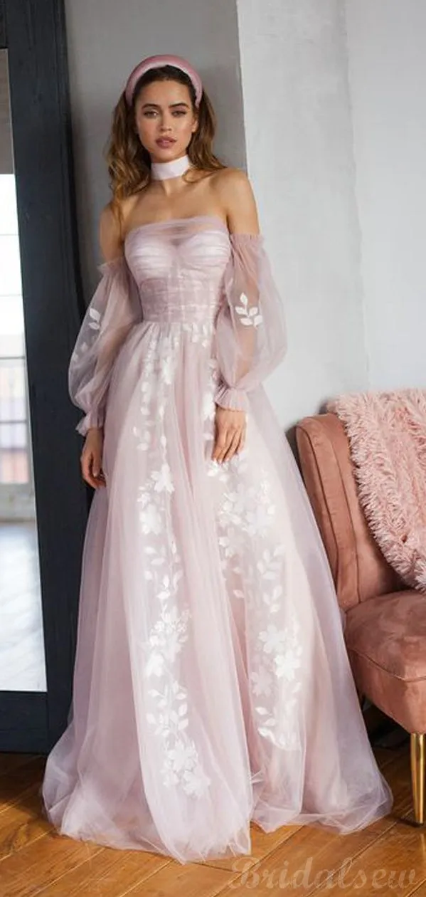 A-line Pink Unique Modest Long Sleeves Formal Party Prom Dresses PD128