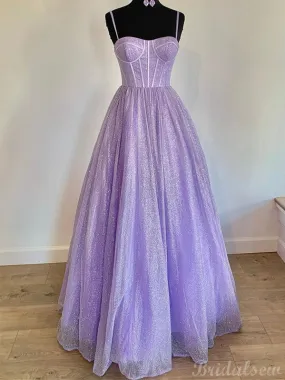 A-line Purple Sparkly Sequin Tulle Long Prom Dresses, Formal Evening Dresses PD265