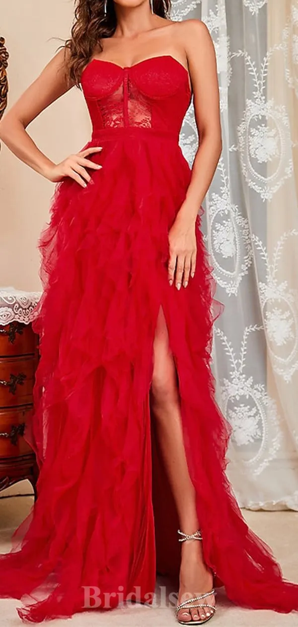 A-line Red Lace Tulle Modest Elegant Sexy Popular Long Party Evening Prom Dresses PD1277