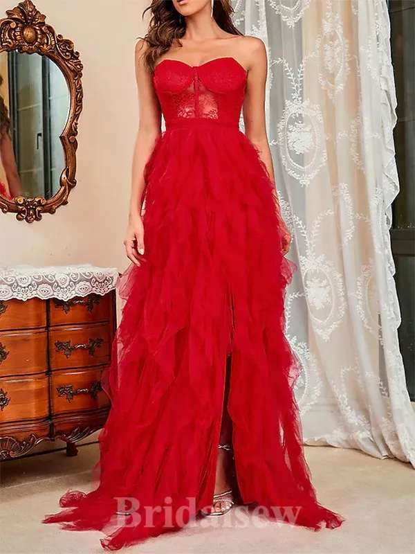 A-line Red Lace Tulle Modest Elegant Sexy Popular Long Party Evening Prom Dresses PD1277