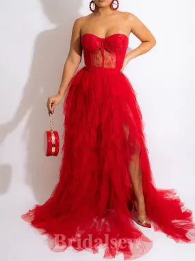 A-line Red Lace Tulle Modest Elegant Sexy Popular Long Party Evening Prom Dresses PD1277