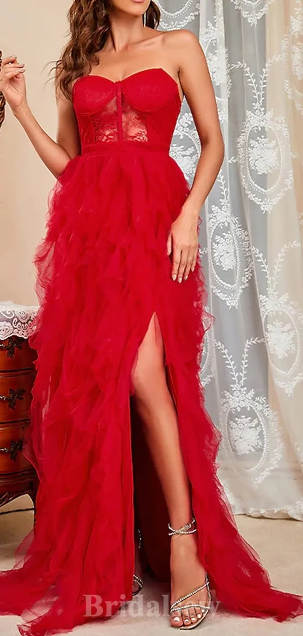 A-line Red Lace Tulle Modest Elegant Sexy Popular Long Party Evening Prom Dresses PD1277