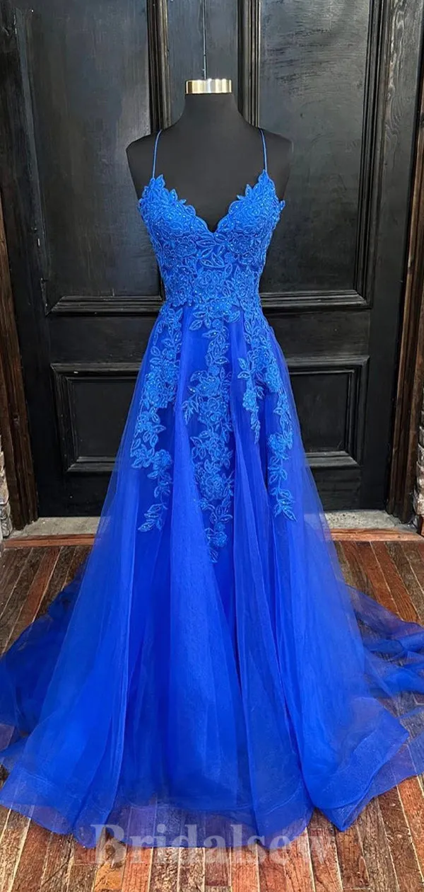 A-line Royal Blue Lace Stylish Spaghetti Straps Long Women Evening Prom Dresses PD852