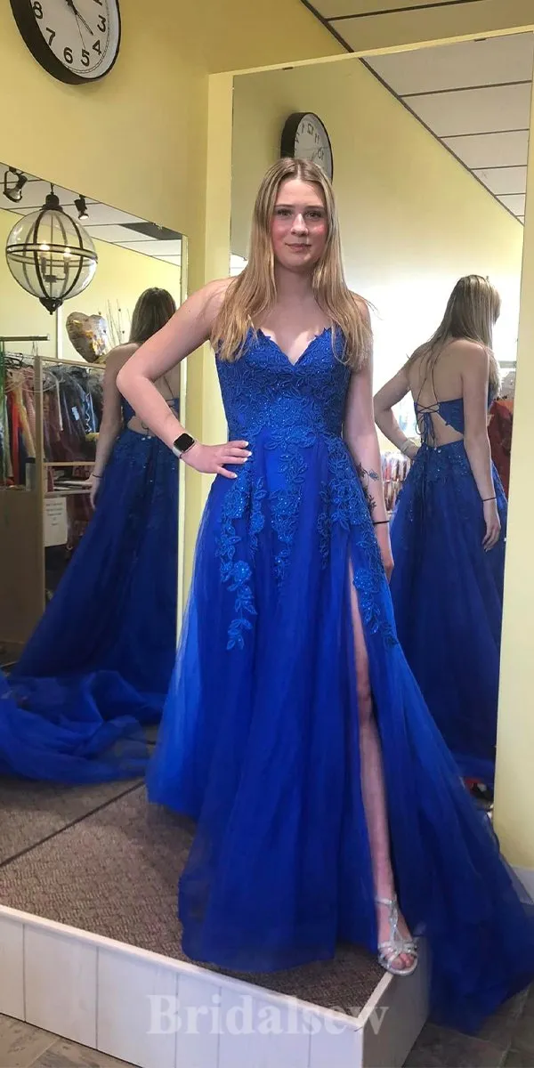 A-line Royal Blue Lace Stylish Spaghetti Straps Long Women Evening Prom Dresses PD852