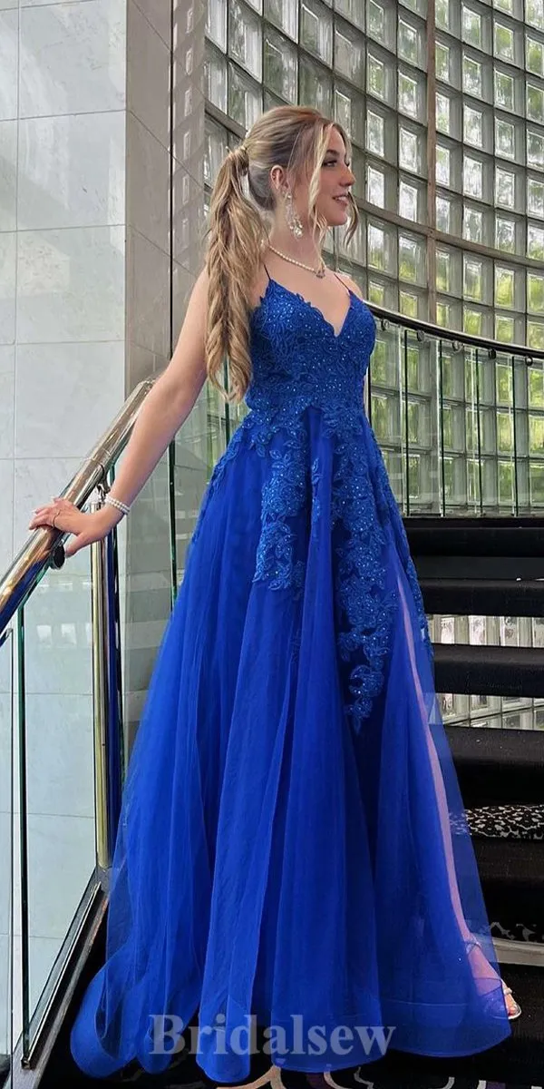 A-line Royal Blue Lace Stylish Spaghetti Straps Long Women Evening Prom Dresses PD852