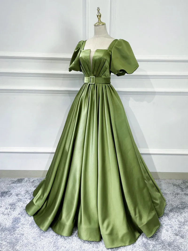 A line Satin Long Green Prom Dresses, Green Formal Evening Graduation Dresses