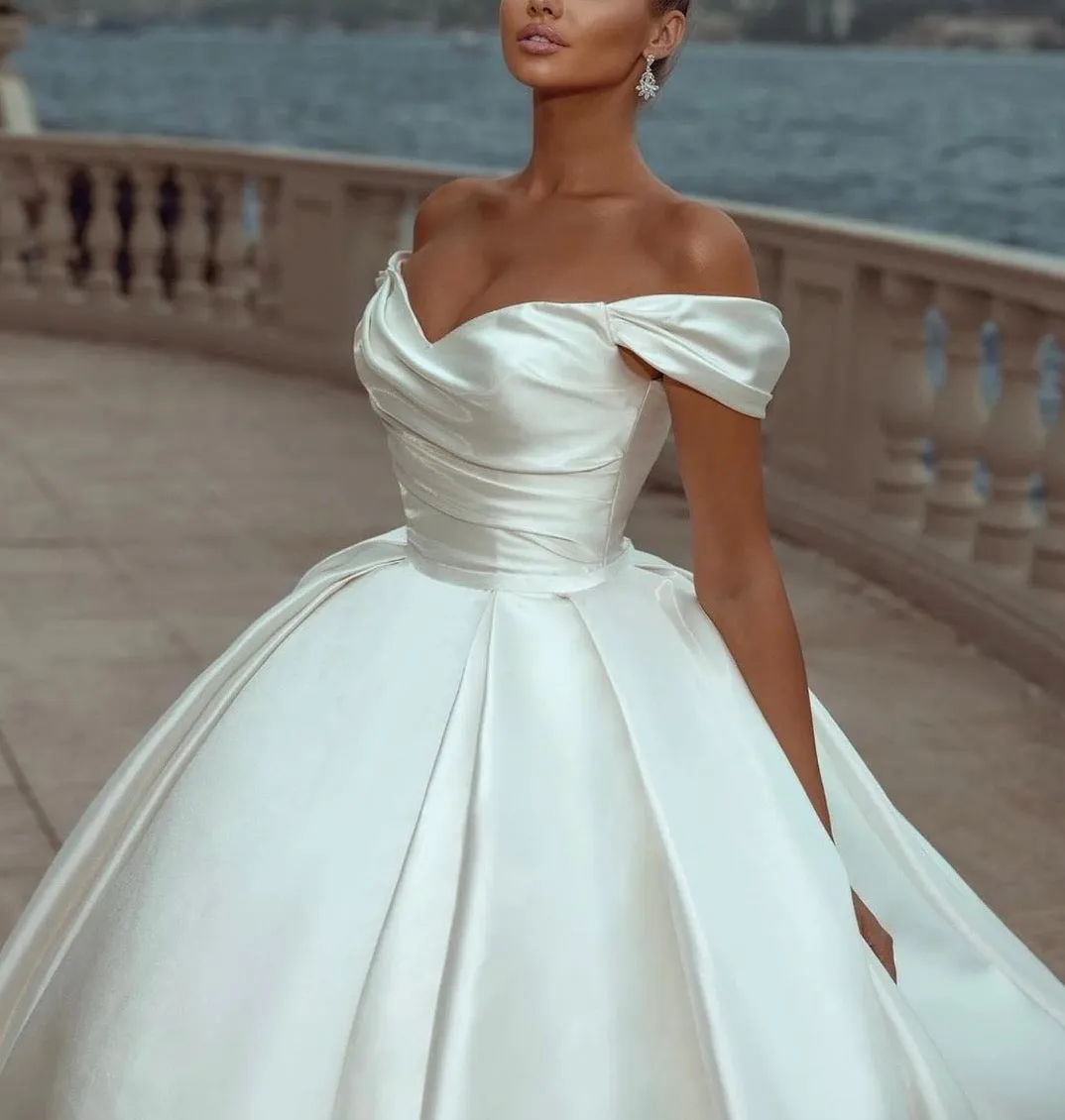 A-line Satin Off the Shoulder Vintage Gorgeous Beach Long Wedding Dresses, Bridal Gown WD269