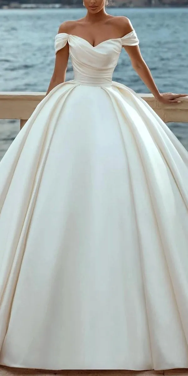 A-line Satin Off the Shoulder Vintage Gorgeous Beach Long Wedding Dresses, Bridal Gown WD269