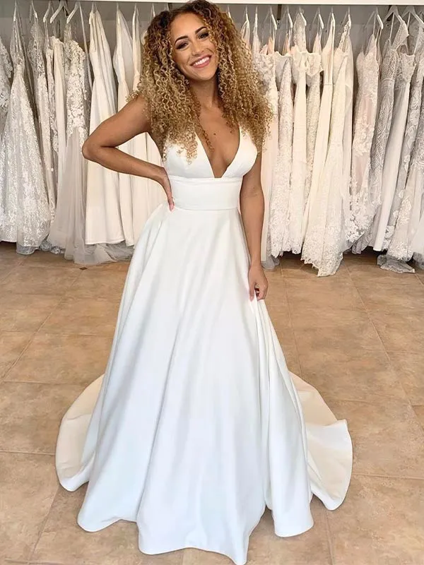 A-line Satin Simple Plus Size Elegant Vintage Beach Long Wedding Dresses WD191