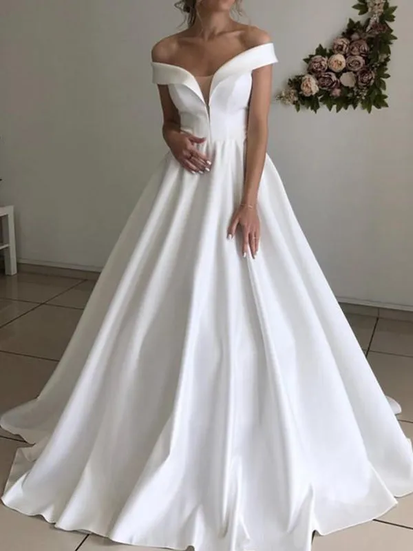 A-line Satin Simple Popular Beach Long Wedding Dresses, Bridal Gown WD084