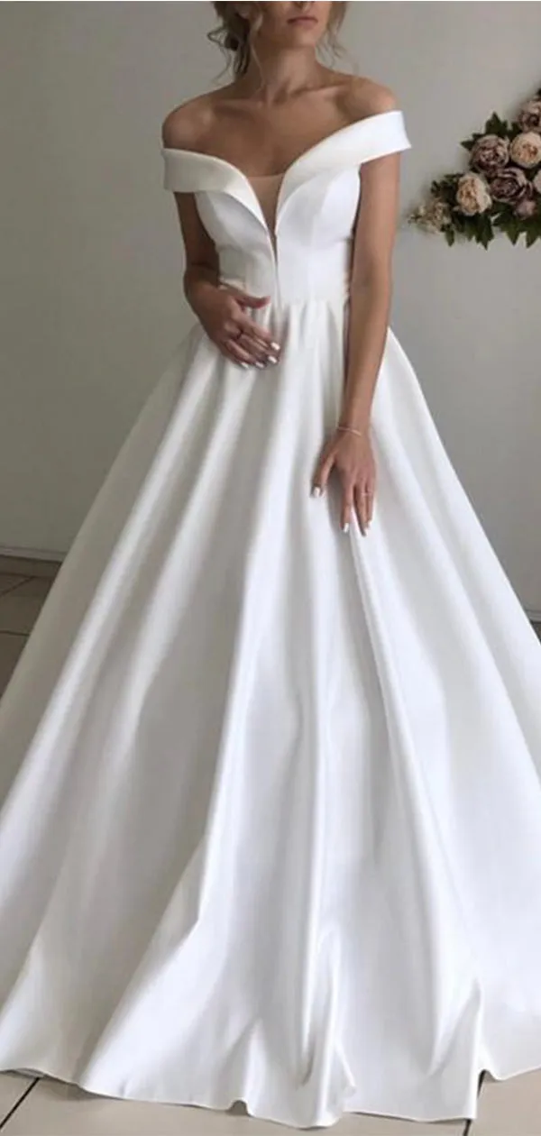 A-line Satin Simple Popular Beach Long Wedding Dresses, Bridal Gown WD084