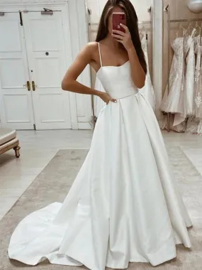 A-line Satin Spaghetti Straps Vintage Simple Wedding Dresses WD056