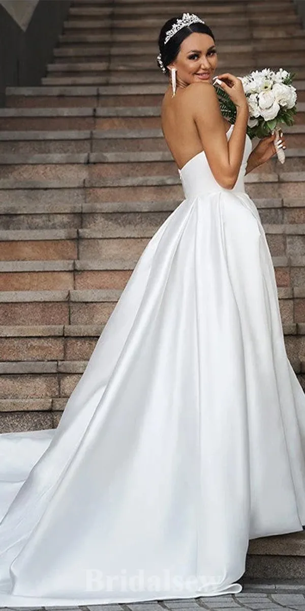 A-line Satin Strapless Popular Unique Elegant Vintage Dream Beach Long Wedding Dresses WD539