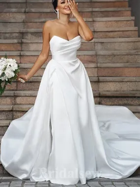 A-line Satin Strapless Popular Unique Elegant Vintage Dream Beach Long Wedding Dresses WD539