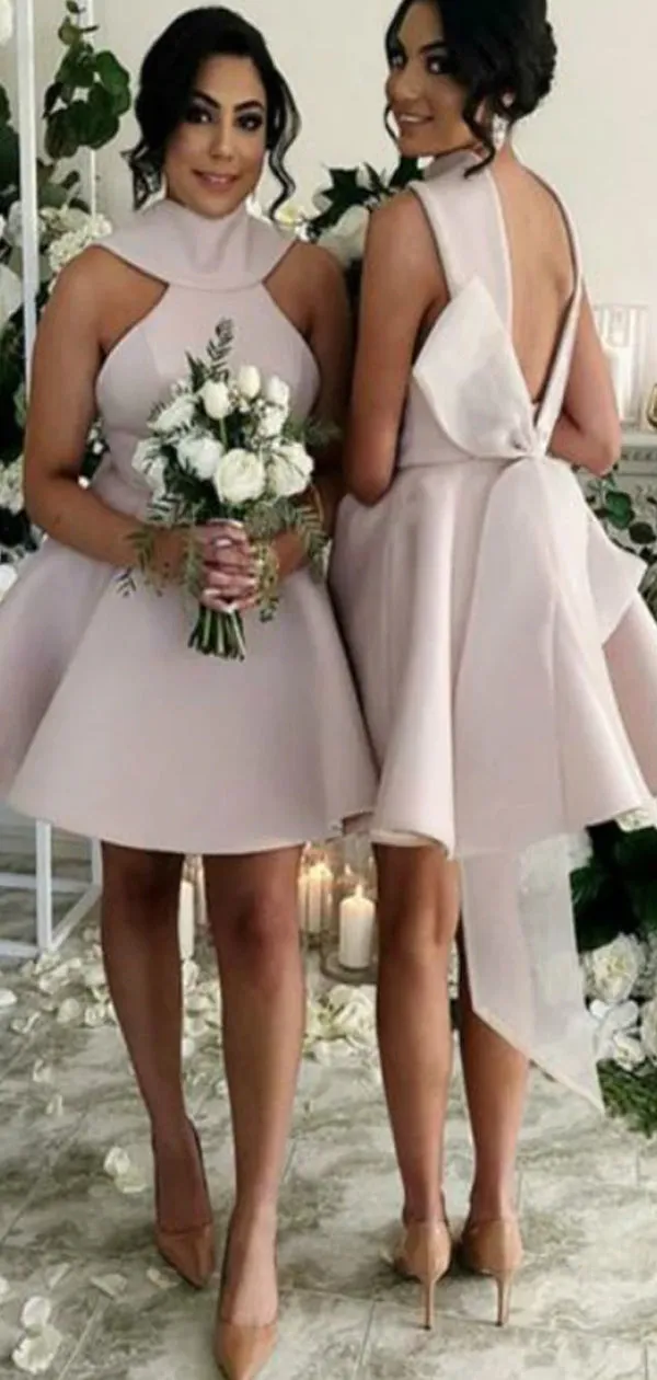 A-line Short High Neck Unique Bridesmaid Dresses BD012