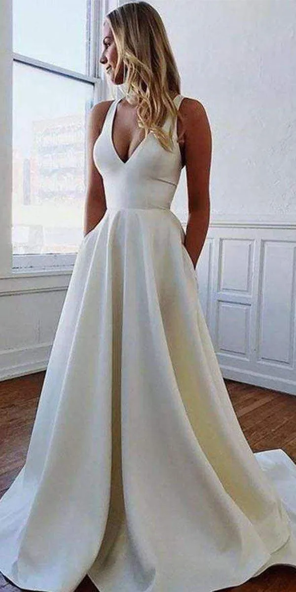 A line Simple Satin Beach Roman Wedding Dresses WD002