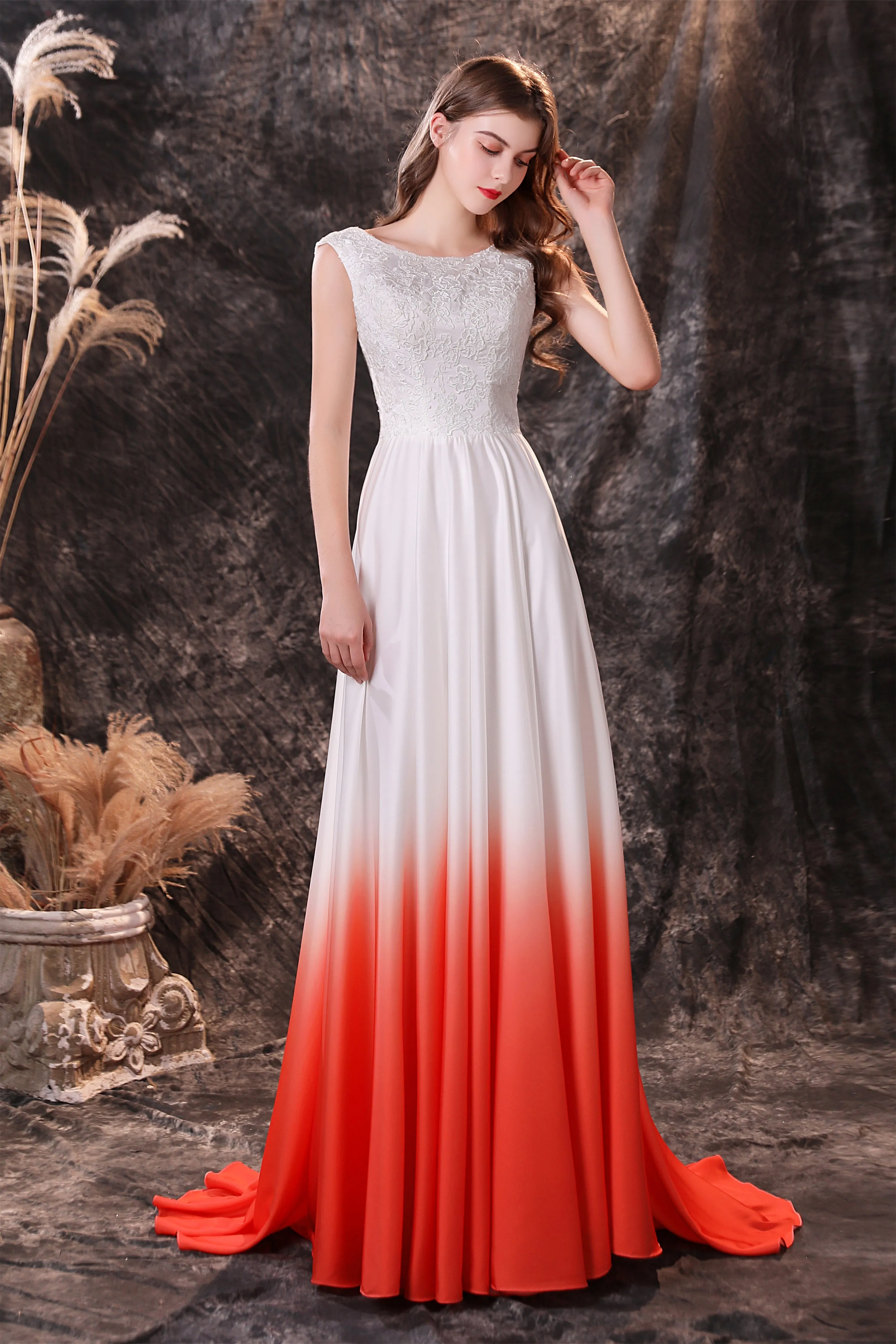 A Line Sleeveless Ombre Silk Like Satin Sweep Train Prom Dresses