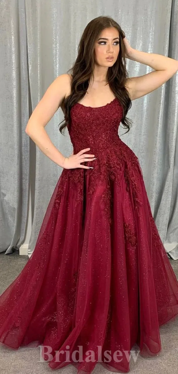 A-line Spaghetti Straps Burgundy Shiny Modest Long Women Evening Prom Dresses PD874