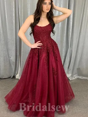 A-line Spaghetti Straps Burgundy Shiny Modest Long Women Evening Prom Dresses PD874