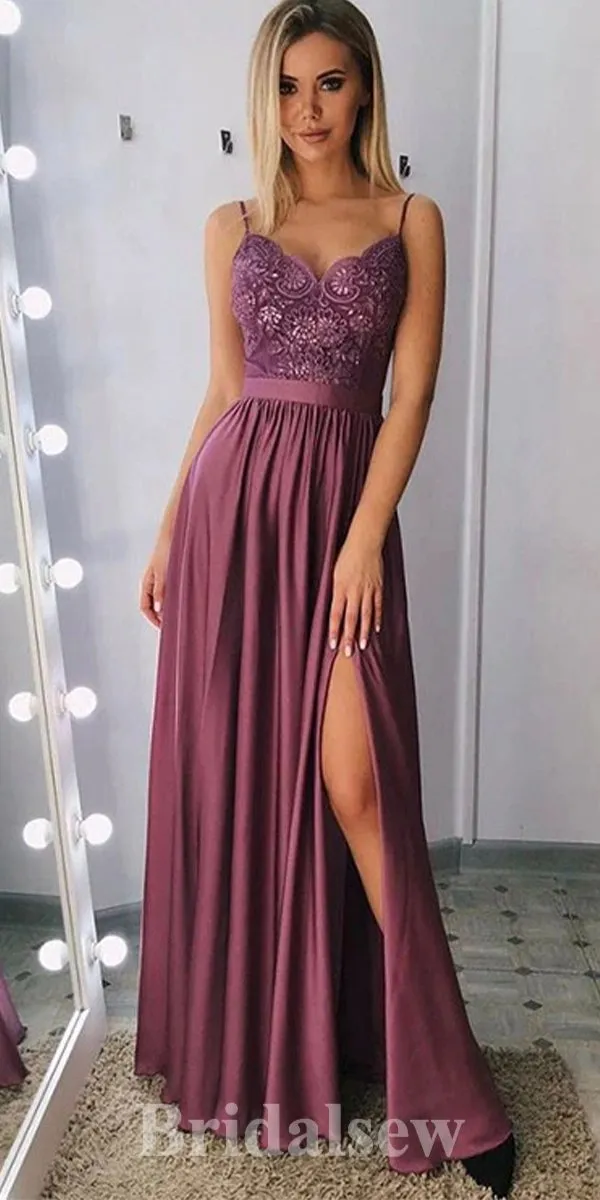 A-line Spaghetti Straps Custom Slit Stylish Party Evening Long Prom Dresses PD1131