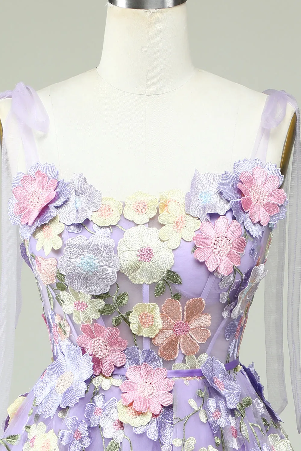 A Line Spaghetti Straps Purple Corset Homecoming Dress with 3D Flowers