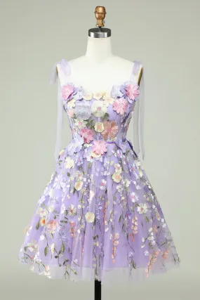 A Line Spaghetti Straps Purple Corset Homecoming Dress with 3D Flowers