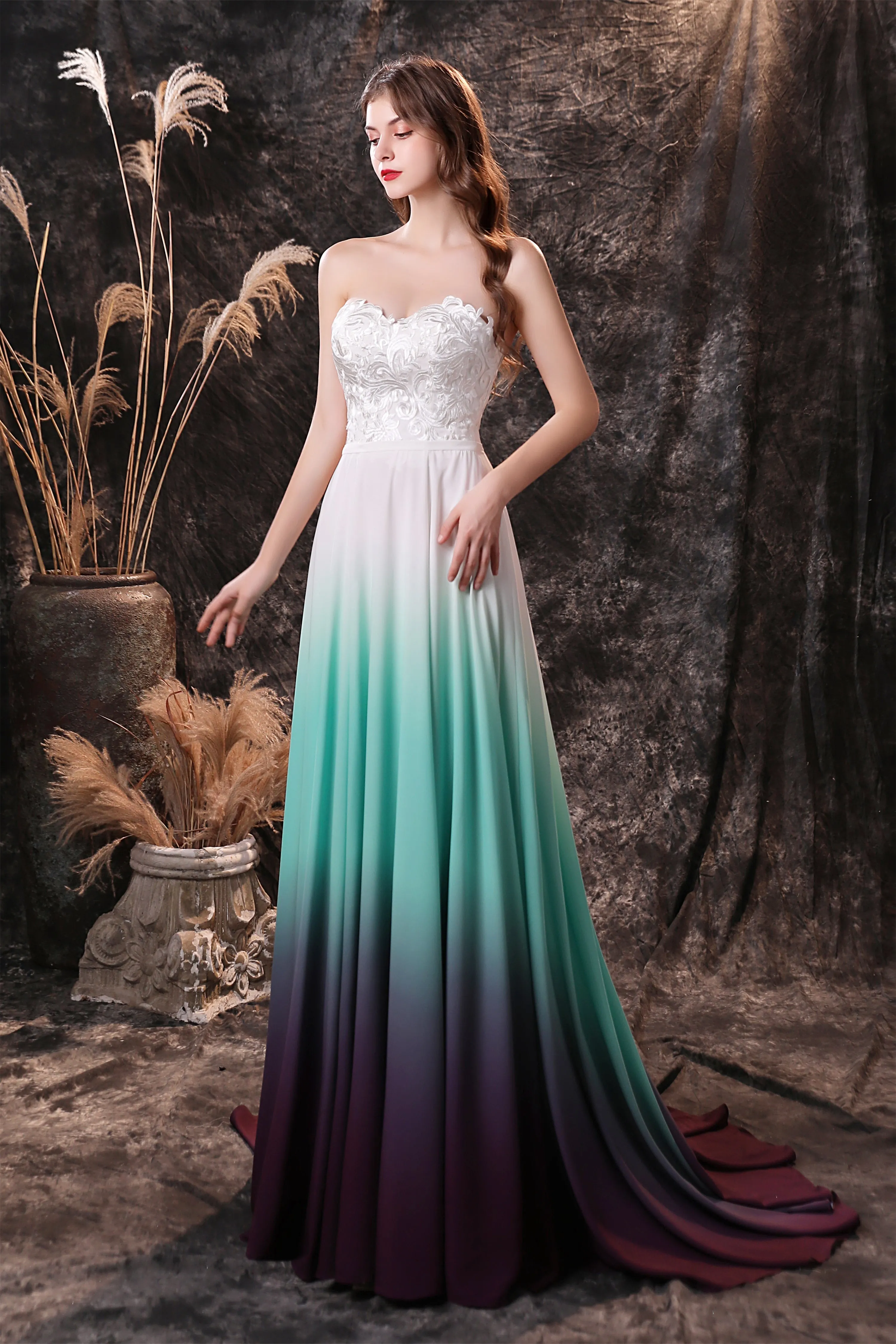 A Line Strapless Sleeveless Appliques Ombre Silk Like Satin Sweep Train Prom Dresses