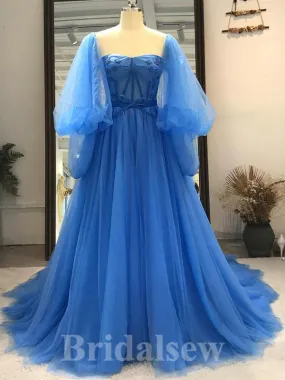 A-line Tulle Blue Long Sleeves Princess Pretty Long Women Evening Prom Dresses PD728