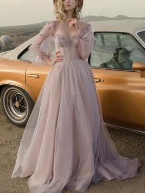 A-line Tulle Long Sleeves Elegant Women Stylish Long Prom Dresses PD392