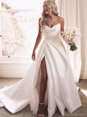 A-line Unique Stain Side Slit Popular Vintage Princess Wedding Dresses WD059