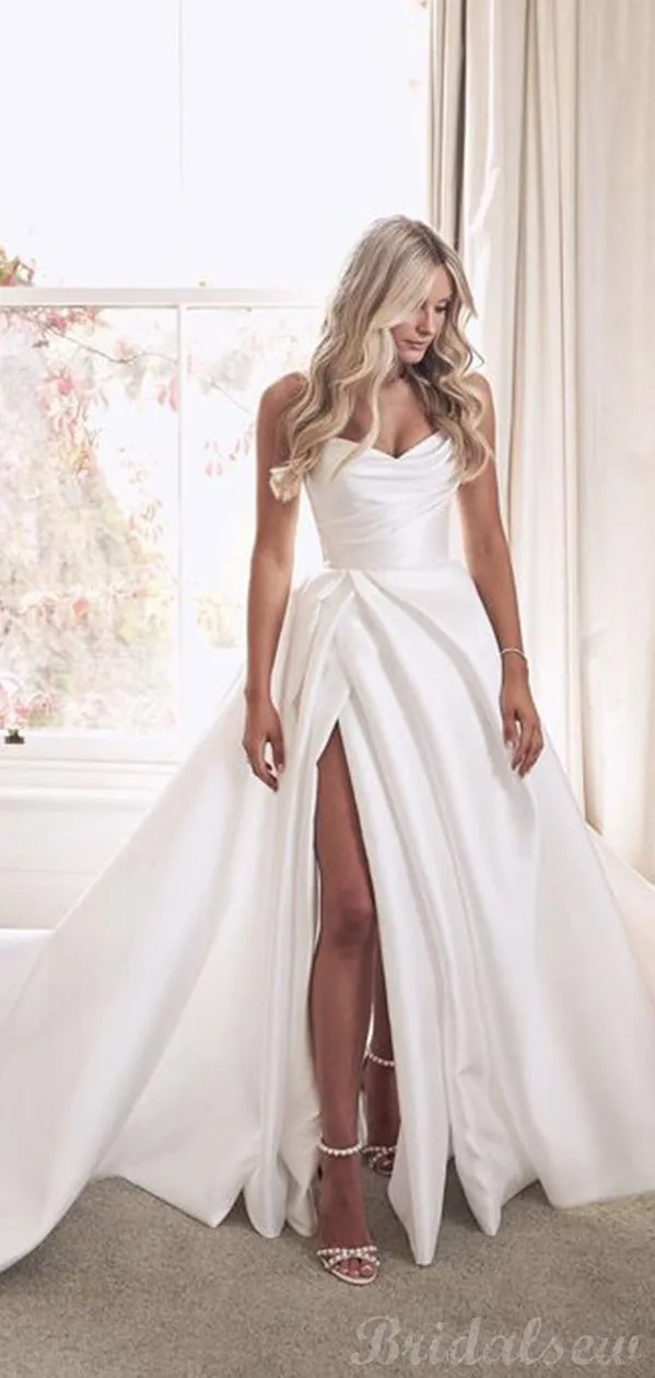 A-line Unique Stain Side Slit Popular Vintage Princess Wedding Dresses WD059