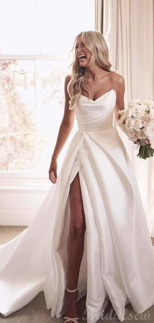 A-line Unique Stain Side Slit Popular Vintage Princess Wedding Dresses WD059