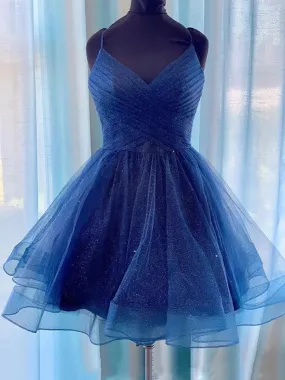 A Line V Neck Dark Blue Short Prom Dresses, Short Blue Graduation Homecoming Cocktail Dresses