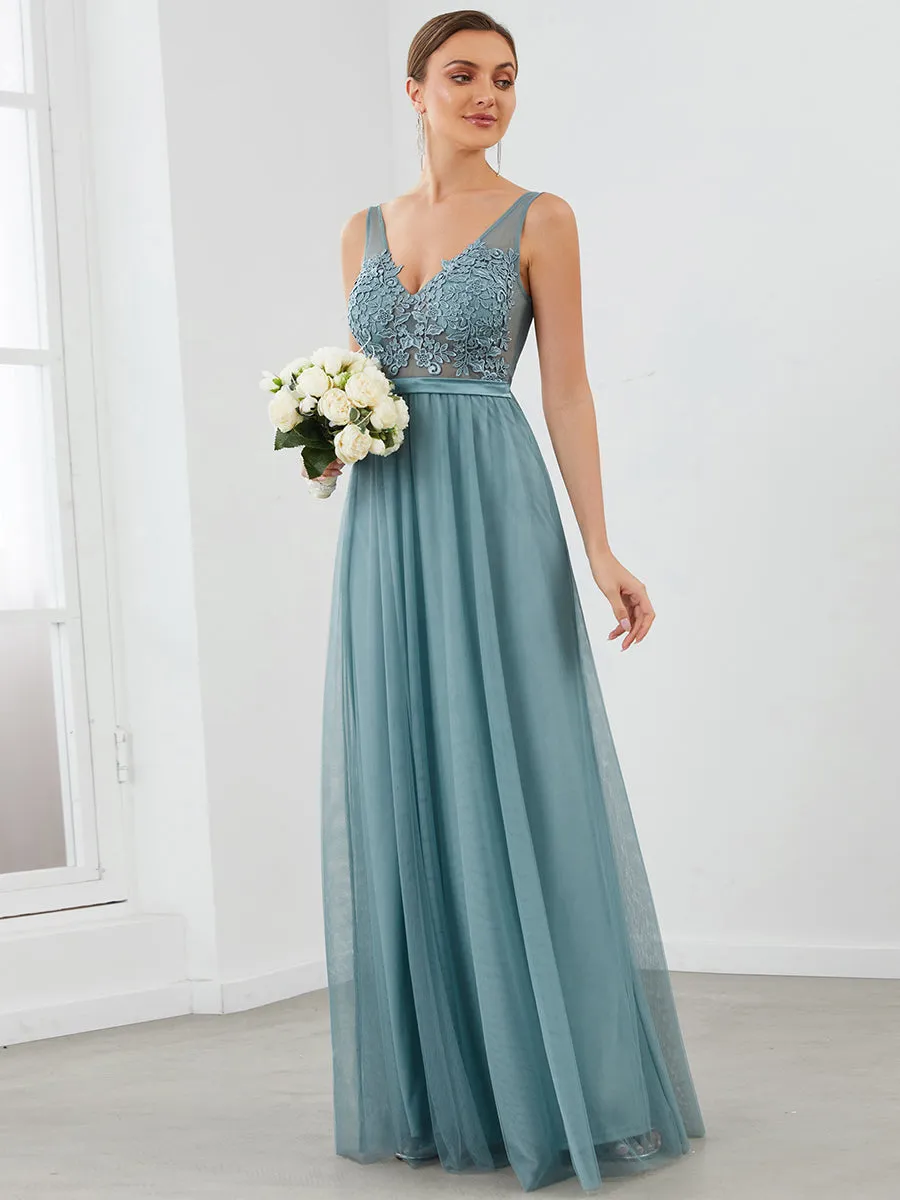 A-Line V-Neck Floral Lace Appliques Wholesale Bridesmaid Dress