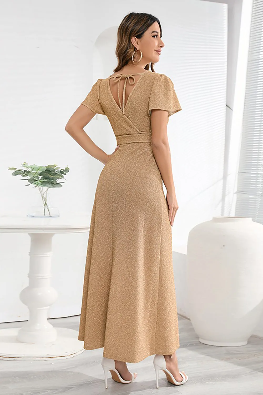 A Line V Neck Gold Long Wedding Guest Party Dress with Belt