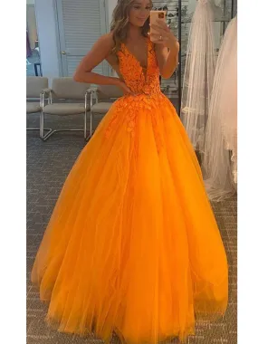 A-line V-Neck Orange Lace Tulle Fashion Formal Long Prom Dresses PD248