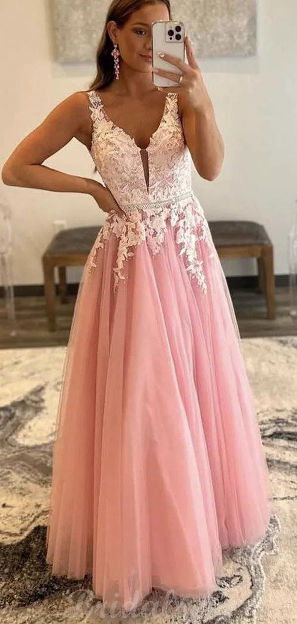 A-line V-neck Tulle Pink Fashion Formal Long Prom Dresses, Evening Dress PD432