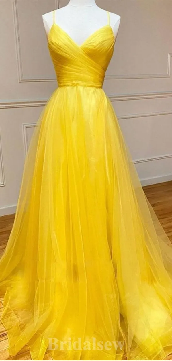 A-line V-Neck Yellow Spaghetti Straps New Elegant Modest Long Party Evening Prom Dresses PD1308