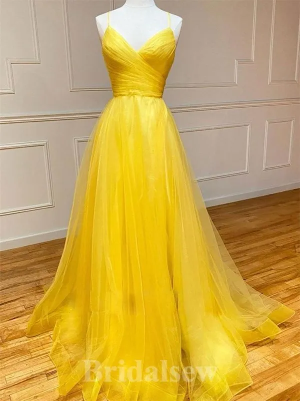 A-line V-Neck Yellow Spaghetti Straps New Elegant Modest Long Party Evening Prom Dresses PD1308