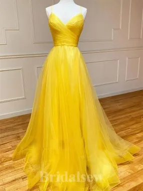 A-line V-Neck Yellow Spaghetti Straps New Elegant Modest Long Party Evening Prom Dresses PD1308