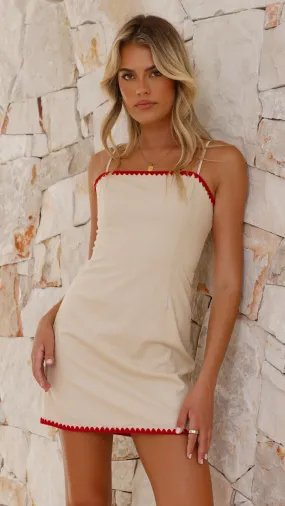 Accalia Mini Dress - Beige / Red Trim